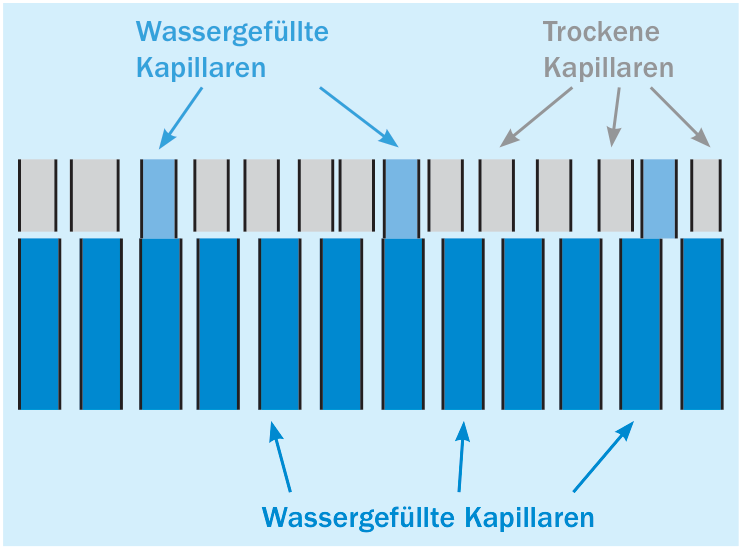 Schematische Darstellung von Kapillarporen in Mauersteinen an Grenzflächen zu Mörtel: an gefüllte Poren nicht unmittelbar anschließende Kapillarporen saugen kein Wasser aus benachbarten Poren